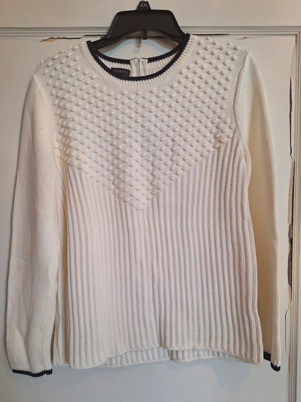 Talbots Cream Ribbed Crewneck Sweater with Navy Trim Sz L Back Zip Classic